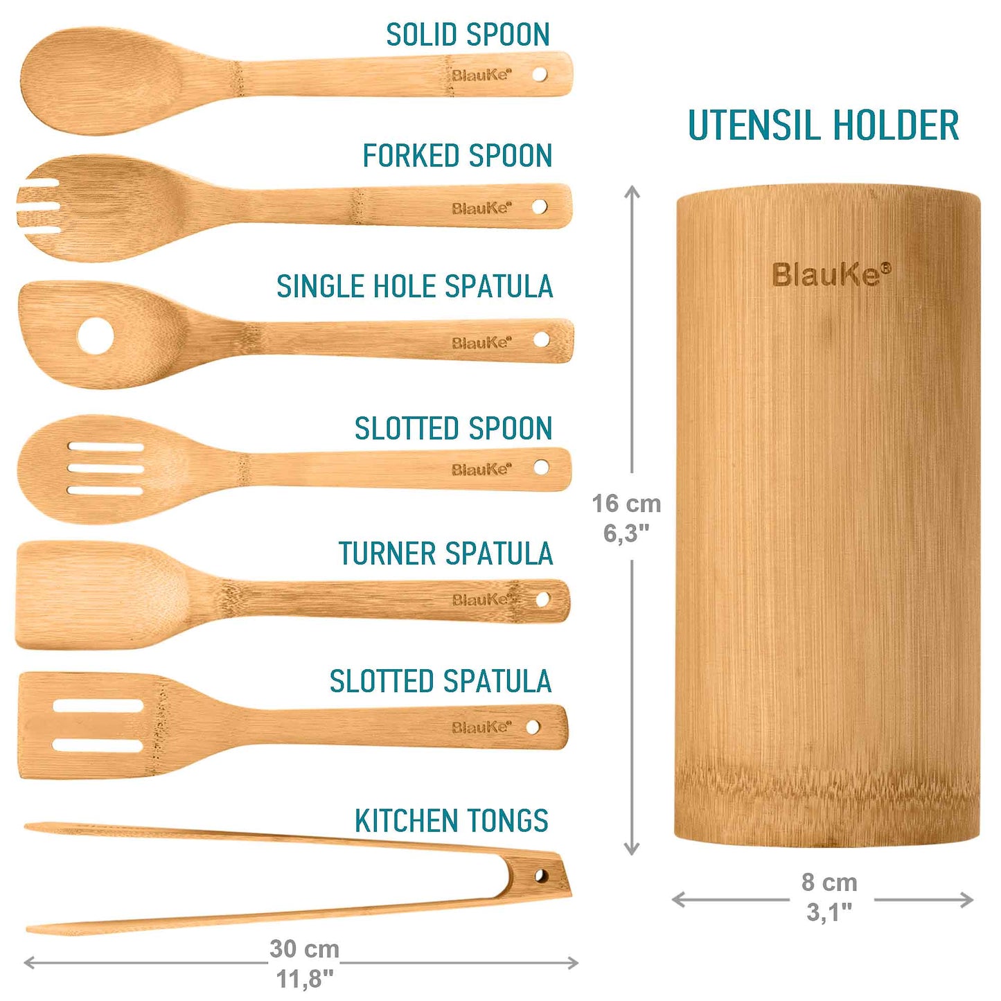 Bamboo Kitchen Utensils Set 8-Pack - Wooden Cooking Utensils for