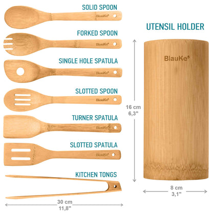 Bamboo Kitchen Utensils Set 8-Pack - Wooden Cooking Utensils for