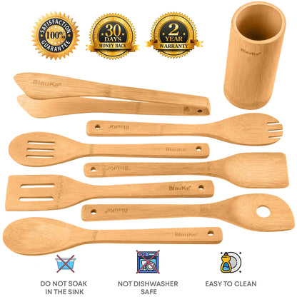 Bamboo Kitchen Utensils Set 8-Pack - Wooden Cooking Utensils for