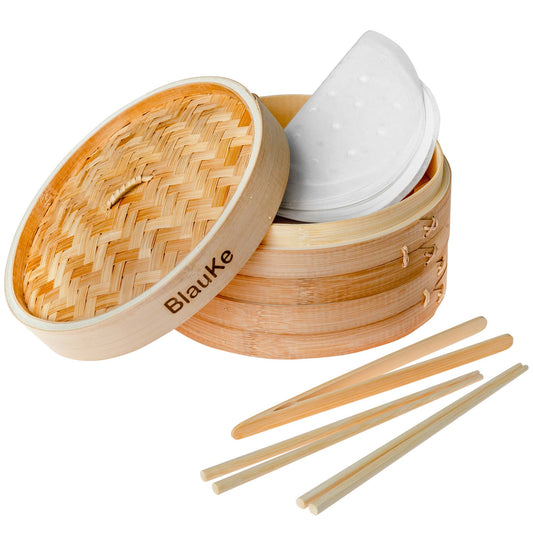 2-Tier Bamboo Steamer for Cooking Dumplings, Vegetables, Meat, Fish,