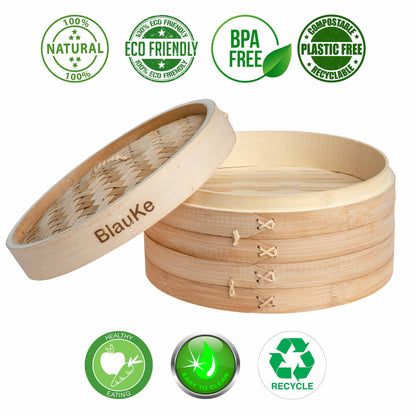 2-Tier Bamboo Steamer for Cooking Dumplings, Vegetables, Meat, Fish,