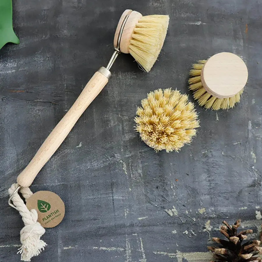 Wooden Dish Brush & Eco Sponge Set - Eco Friendly Cleaning Products -  Low-Waste Wooden Dish Washing Brush - Dish Brush Set with 3 Replacement  Heads 